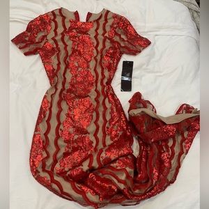 Red floral sequin lace gown with slit - VA VA VOOM